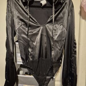 AKIRA Black Satin Bodysuit with White Tag Detail